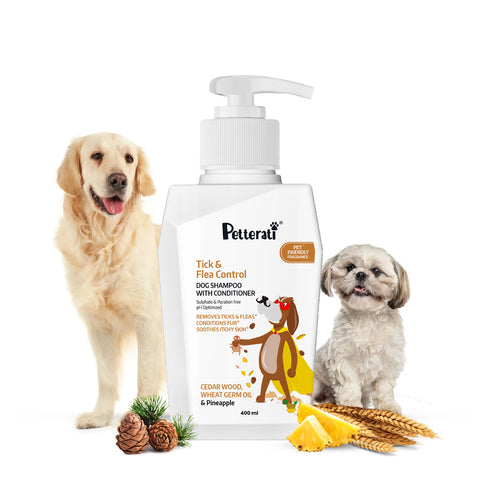 Tick and flea dog shampoo with cedar wood and wheat germ oil