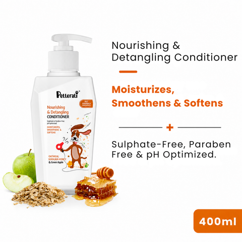 Petterati Nourishing and Detangling Dog Conditioner next to a dog shampoo bottle