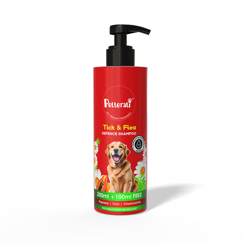 Petterati Tick & Flea Defence Dog Shampoo | Best Tick and Flea Shampoo for Dogs | Anti-Tick Care | Malodour Neutraliser | pH Optimized | 200ml + 100ml Free