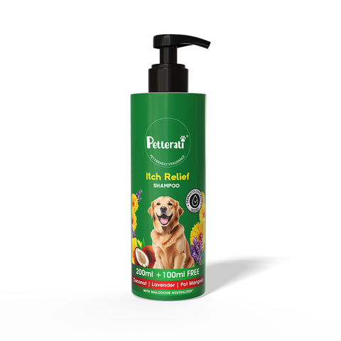 Petterati Itch Relief Dog Shampoo | Best Itch Relief Shampoo for Dogs | Soothes Itchy & Sensitive Skin | Malodour Neutraliser | pH Optimized | 200ml + 100ml Free