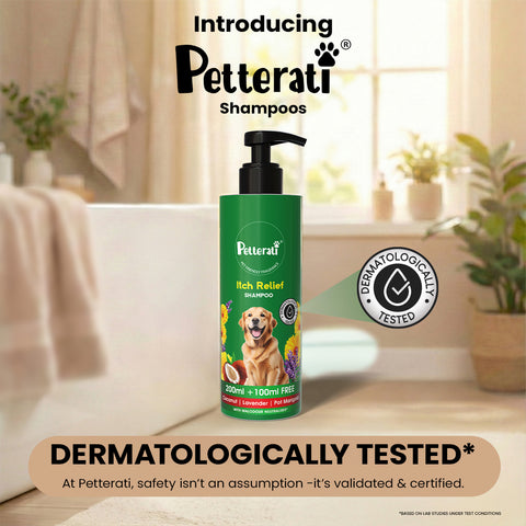 Petterati Itch Relief Dog Shampoo | Best Itch Relief Shampoo for Dogs | Soothes Itchy & Sensitive Skin | Malodour Neutraliser | pH Optimized | 200ml + 100ml Free