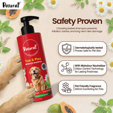 Petterati Tick & Flea Defence Dog Shampoo | With Goodness of Papaya, Tulsi, Chamomile |  Shampoo + Conditioner 1000ml Dermatologically Tested with Malodour Neutraliser and Pet Friendly Fragrance