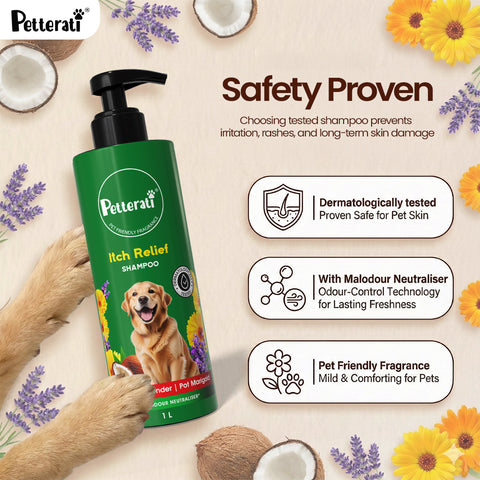 Petterati Itch Relief Dog Shampoo | With Goodness of Coconut, Lavender, Pot Marigold | Shampoo + Conditioner 1000ml Dermatologically Tested with Malodour Neutraliser and Pet Friendly Fragrance