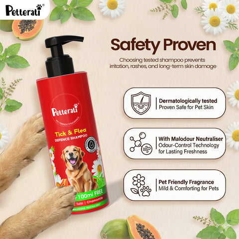 Petterati Tick & Flea Defence Dog Shampoo | Best Tick and Flea Shampoo for Dogs | Anti-Tick Care | Malodour Neutraliser | pH Optimized | 200ml + 100ml Free
