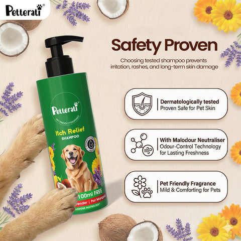 Petterati Itch Relief Dog Shampoo | Best Itch Relief Shampoo for Dogs | Soothes Itchy & Sensitive Skin | Malodour Neutraliser | pH Optimized | 200ml + 100ml Free