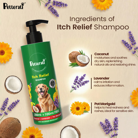 Petterati Itch Relief Dog Shampoo | Best Itch Relief Shampoo for Dogs | Soothes Itchy & Sensitive Skin | Malodour Neutraliser | pH Optimized | 200ml + 100ml Free