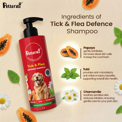 Petterati Tick & Flea Defence Dog Shampoo | With Goodness of Papaya, Tulsi, Chamomile |  Shampoo + Conditioner 1000ml Dermatologically Tested with Malodour Neutraliser and Pet Friendly Fragrance