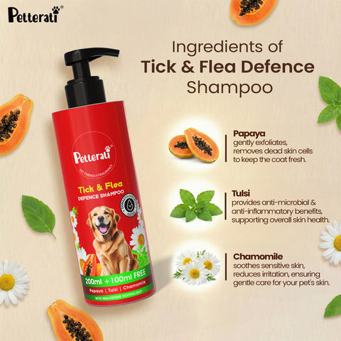 Petterati Tick & Flea Defence Dog Shampoo | Best Tick and Flea Shampoo for Dogs | Anti-Tick Care | Malodour Neutraliser | pH Optimized | 200ml + 100ml Free