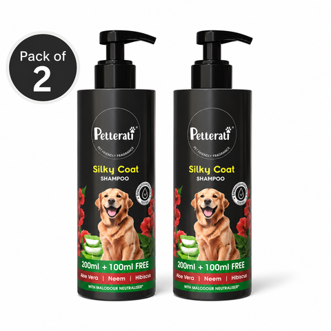 Silky Coat Dog Shampoo Combo – 2 x 300ml | Soft & Shiny Fur | Removes Bad Smell | Aloe Vera, Neem & Hibiscus | Safe for All Dog Breeds