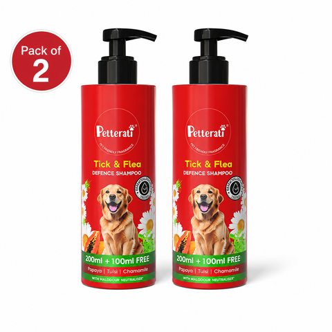 Tick & Flea Defence Dog Shampoo Combo – 2 x 300ml | Papaya, Tulsi & Chamomile | Odour Remover | pH Balanced | Safe for All Dog Breeds