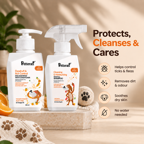 Petterati Tick & Flea Control Shampoo (400ml) + Waterless Shampoo (400ml) for Dogs
