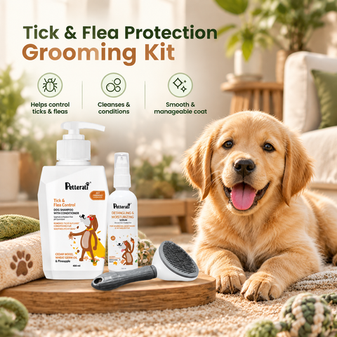 Anti Tick & Flea Control Shampoo (400 ml) + Dog Hair Serum (100 ml) + Deshedding Brush