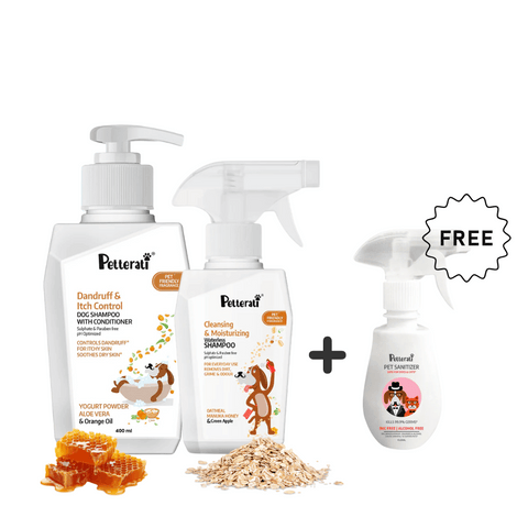 Dog Grooming Essentials: Dandruff Shampoo, Waterless Shampoo & Pet Sanitizer | Sulphate & Paraben free