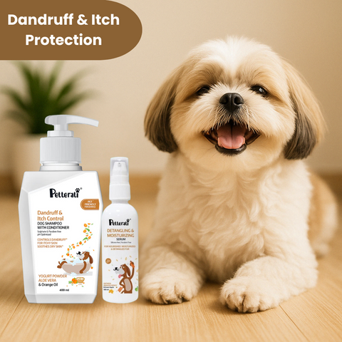 Anti Dandruff Dog Shampoo with Conditioner + Detangling Dog Hair Serum – Combo for Healthy, Itch-Free & Shiny Coat (400 ml + 100 ml)