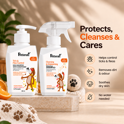Petterati Tick & Flea Control Shampoo (400ml) + Waterless Shampoo (400ml) for Dogs