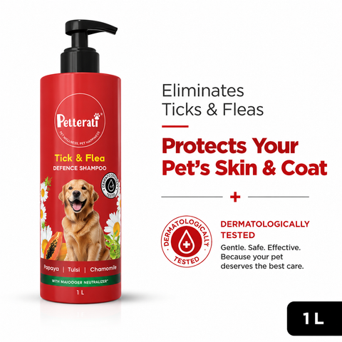 Tick & Flea Defence Dog Shampoo with Papaya, Tulsi & Chamomile (1000ml) – Malodour Neutraliser | Dermatologically Tested | pH Optimized