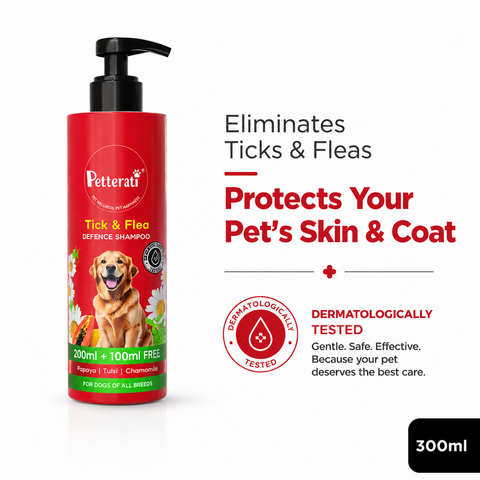 Best Tick & Flea Defence Dog Shampoo – Papaya, Tulsi & Chamomile (200ml + 100ml FREE) | Anti-Tick Care | Malodour Neutraliser | pH Optimized