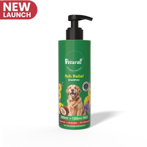 Petterati Itch Relief Dog Shampoo | Best Itch Relief Shampoo for Dogs | Soothes Itchy & Sensitive Skin | Malodour Neutraliser | pH Optimized | 200ml + 100ml Free