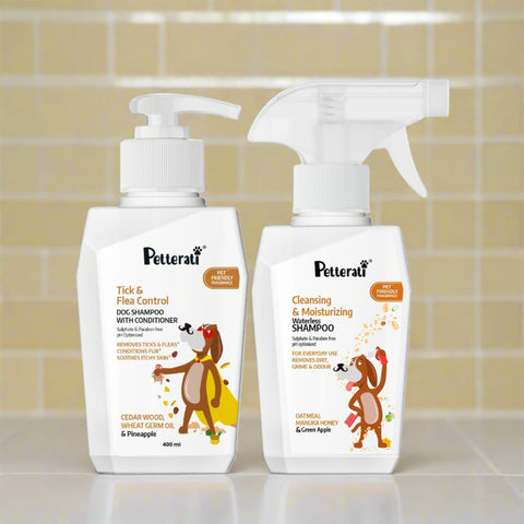 Petterati Tick & Flea Control Shampoo (400ml) + Waterless Shampoo (400ml) for Dogs