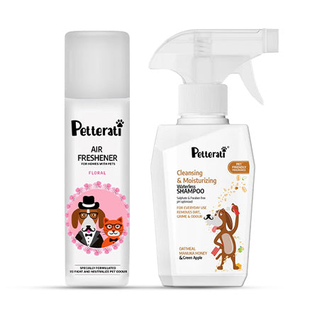 Petterati Paws & Spaces Duo: Pet-Friendly Floral Air Freshener (250ml) + Waterless Bliss for Dogs, Dog Shampoo (400ml) | Everyday Pet Care Essentials for Homes