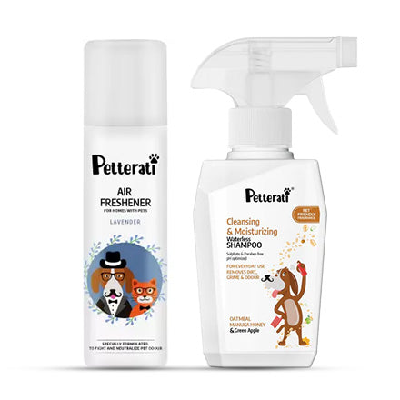 Petterati Pampering Duo: Pet-Friendly Lavender Air Freshener (250ml) + Waterless Bliss for Dogs, Dog Shampoo (400ml) | Everyday Pet Care Essentials for Homes